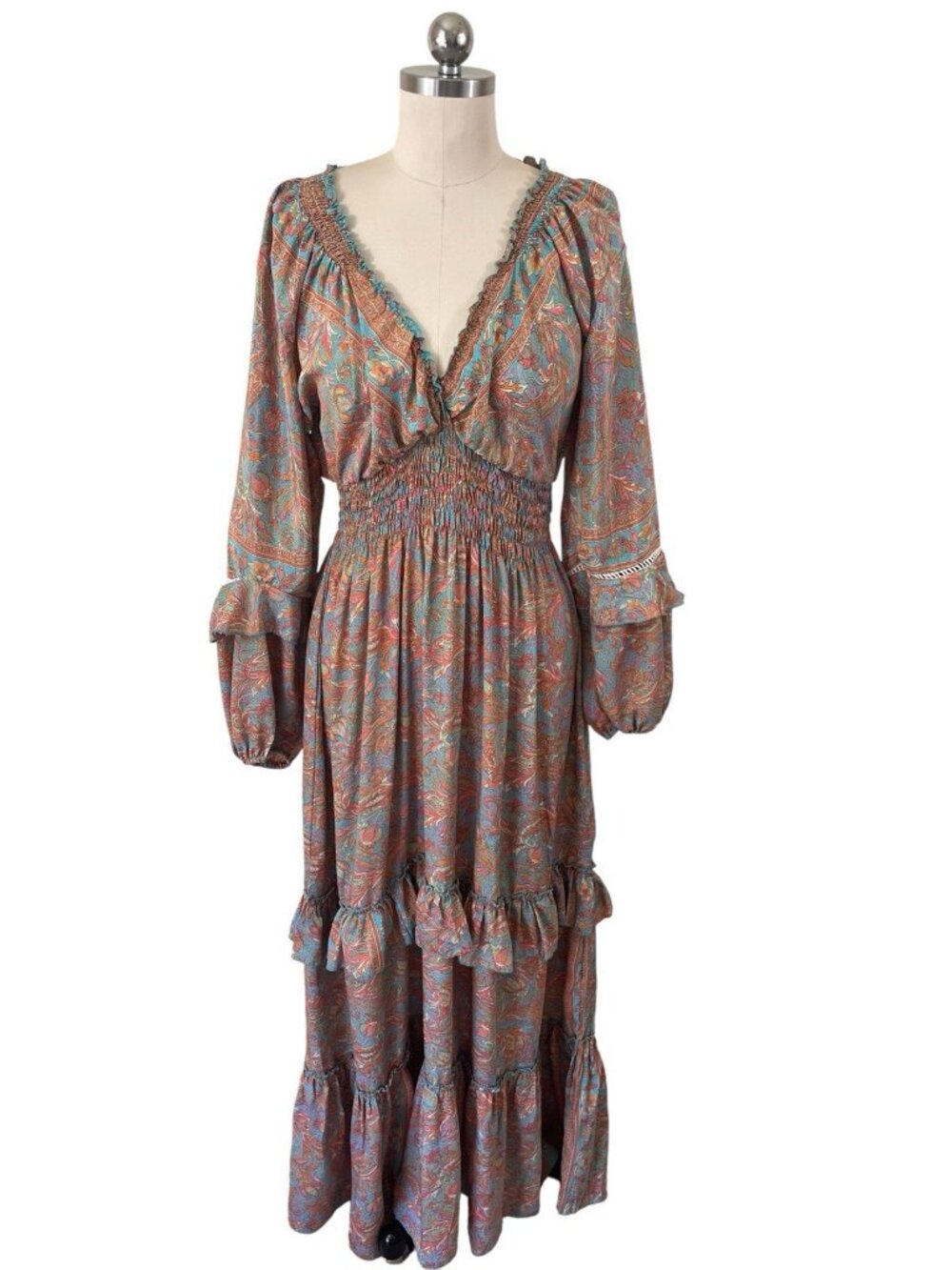 Boho-Chic 70s Smocked Tiered Ruffle Maxi Dress Womens M-L Paisley Peasant Indie